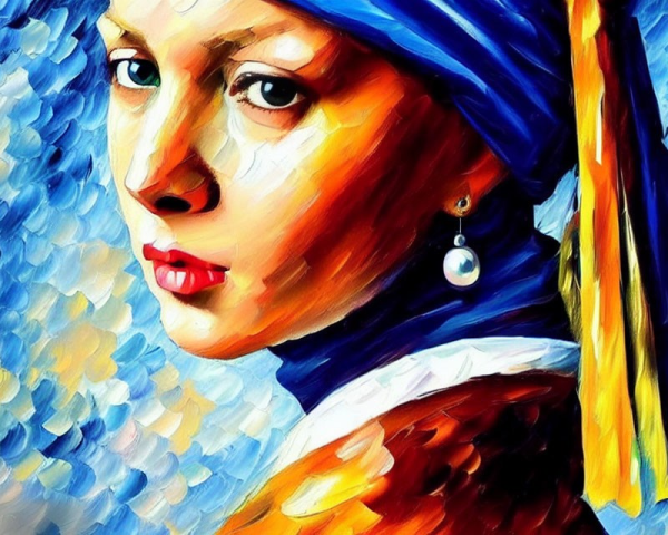 Vibrant impressionist painting of woman with blue headscarf