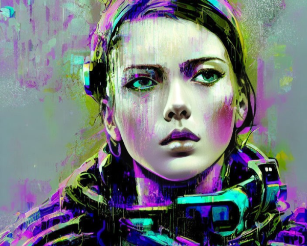 Colorful digital artwork of female figure in futuristic attire with headphones