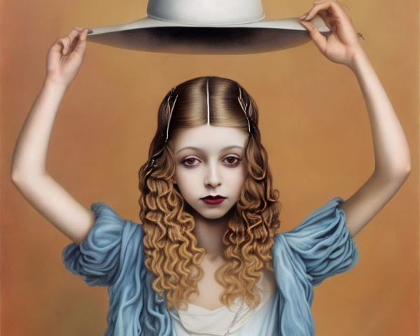 Pale-skinned girl with curly hair in surreal portrait wearing wide-brimmed hat and vintage pendant.