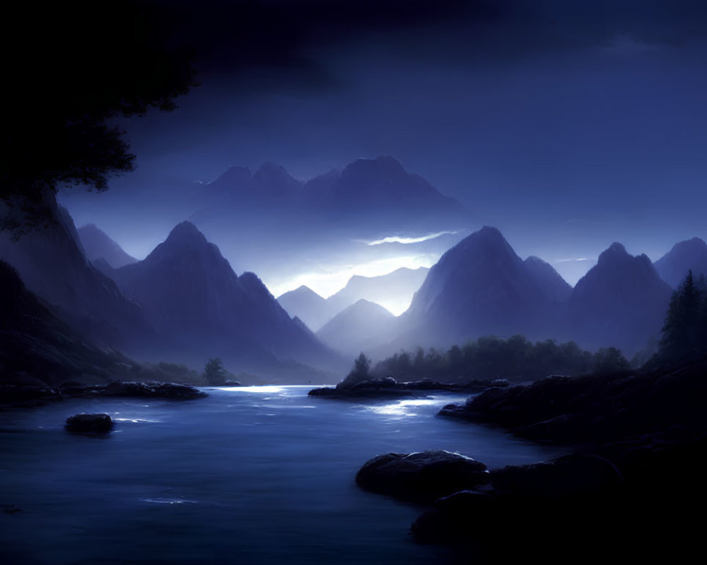 Moonlit night landscape with mountains, river, and trees