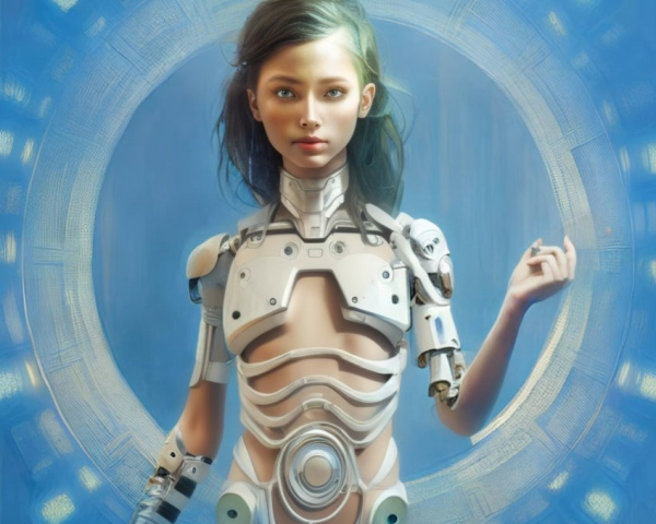 Female Android with Human-like Face and Mechanical Limbs in Futuristic Armor on Sci-fi Background