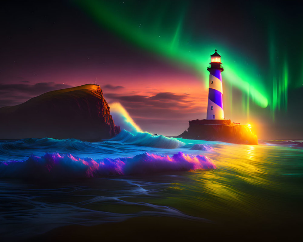 Lighthouse on rocky shore under aurora borealis