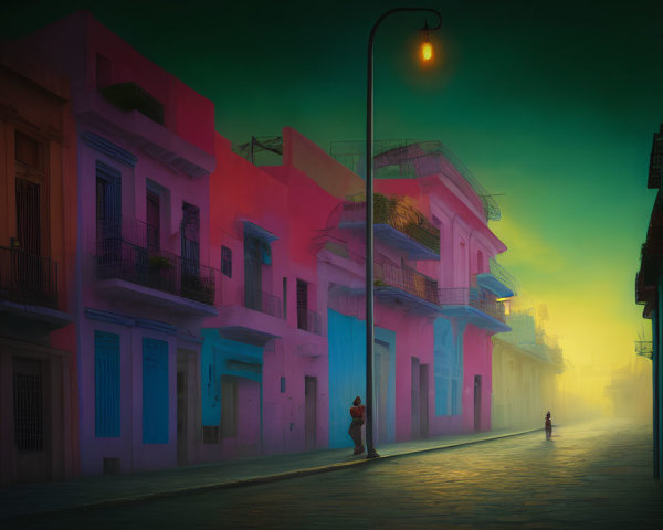 Vibrant dusk street scene with pastel buildings, lone figure, and glowing streetlamp