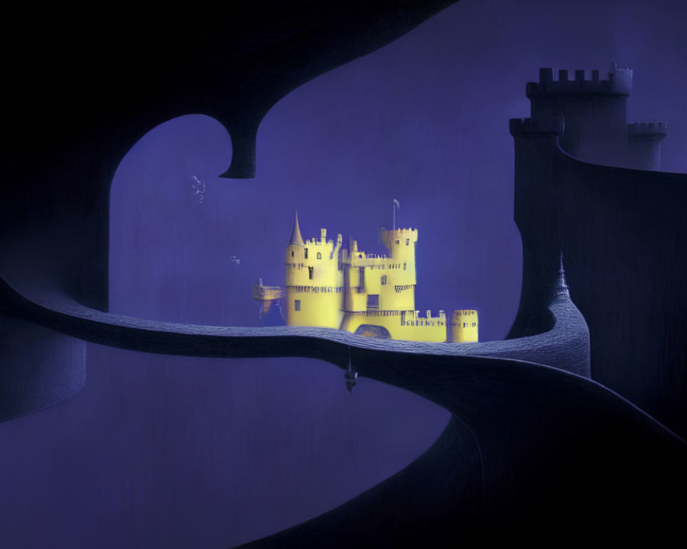 Surreal blue landscape with yellow castle and silhouetted figure