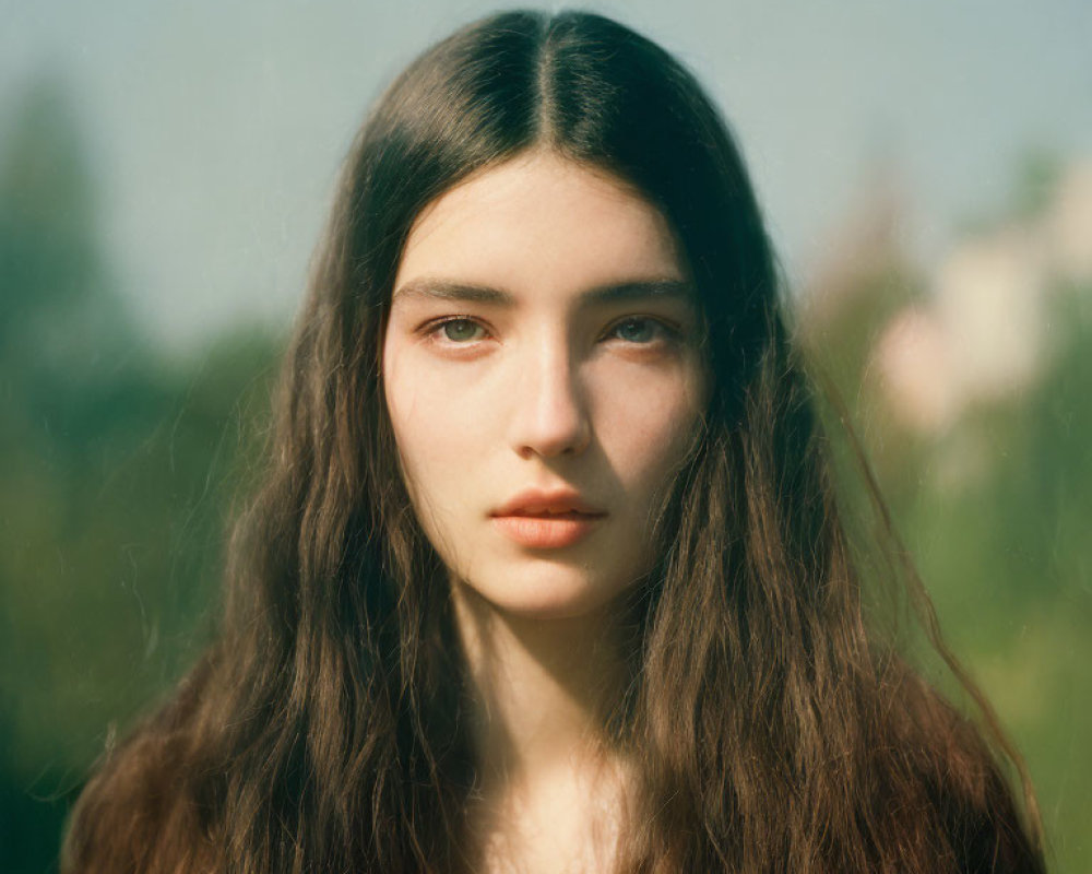 Portrait of Young Woman with Long Brown Hair and Green Eyes