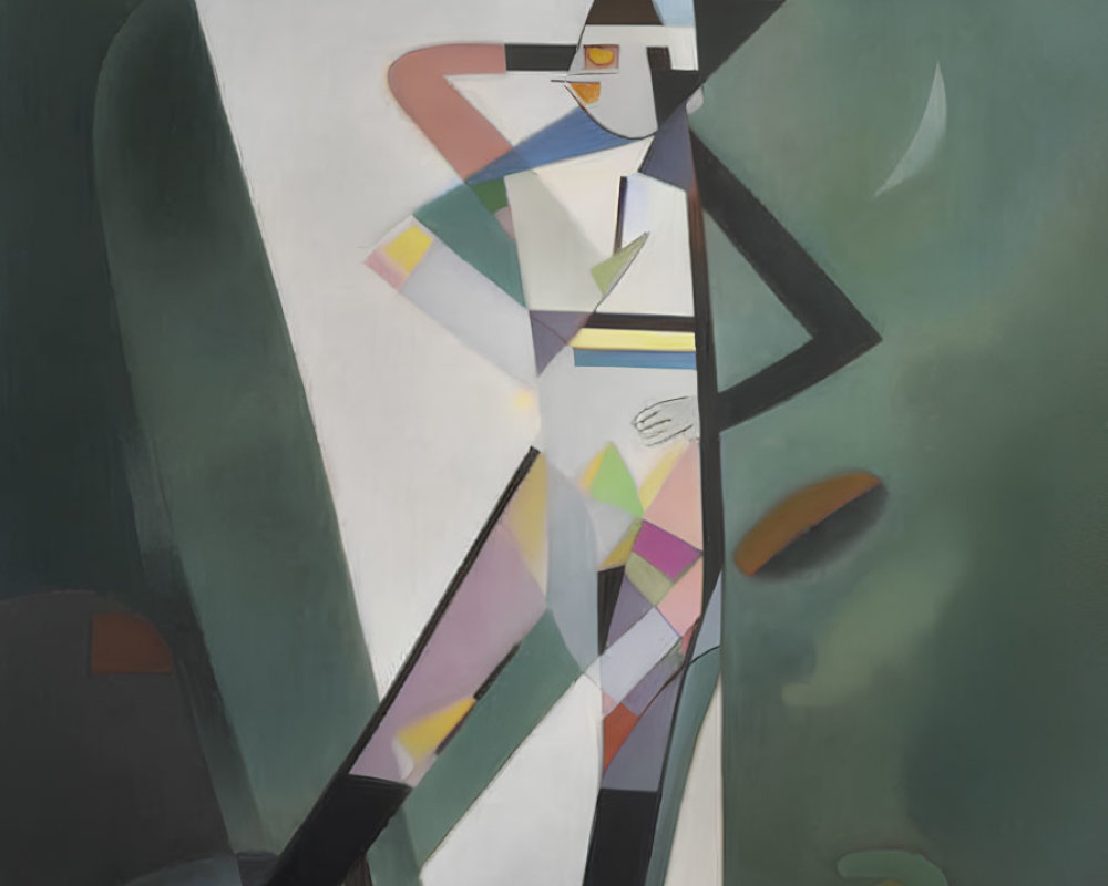 Geometric abstract painting of stylized walking figure with hat and cane on muted background