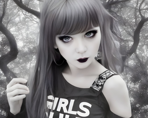 Monochrome portrait with bold eye makeup and "GIRLS RULE" shirt in misty forest