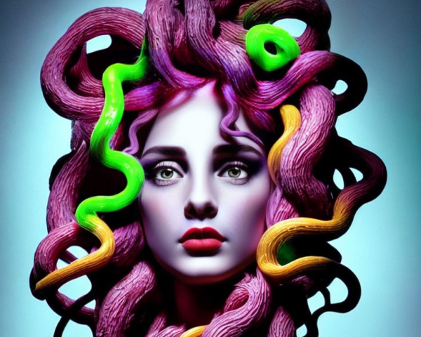 Colorful Snake-Like Hair Woman with Red Lips on Blue Background