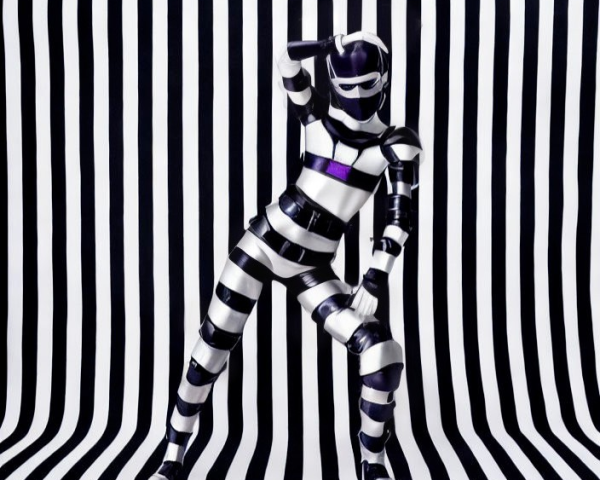 Purple and white striped bodysuit against black and white striped background.