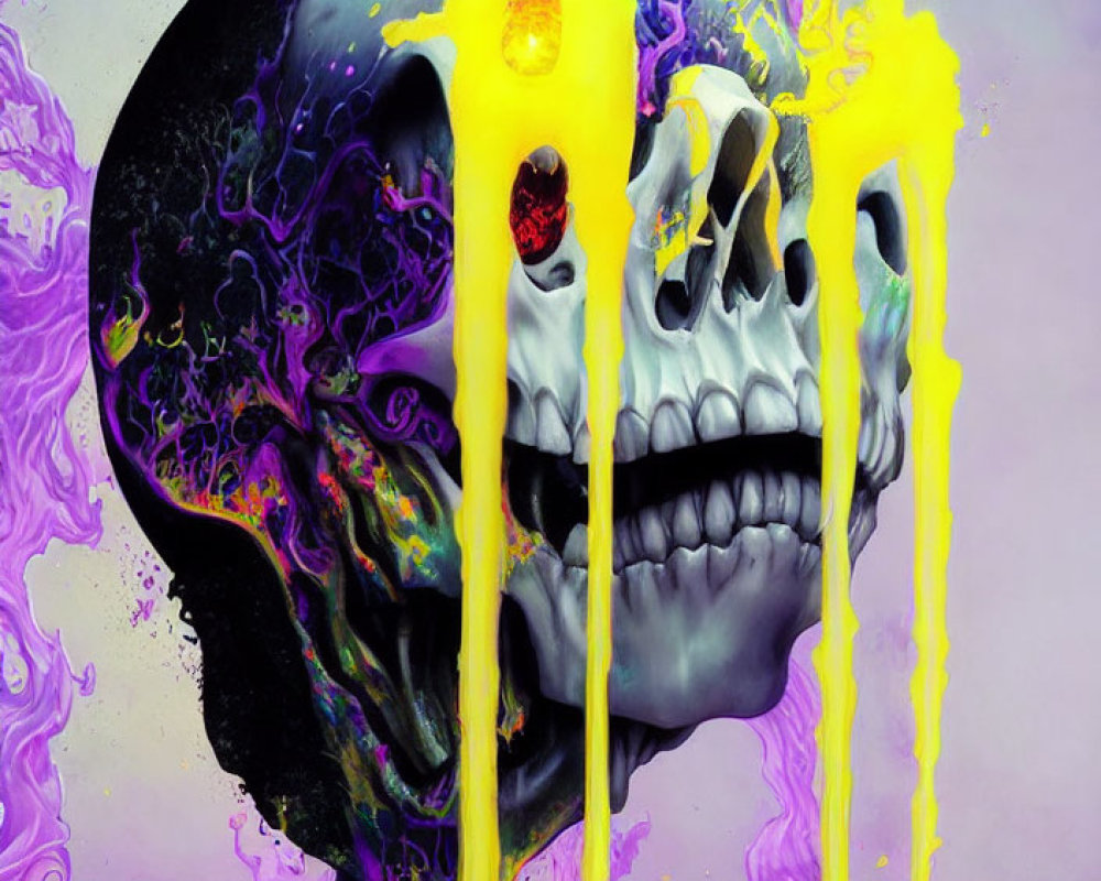 Skull painting with yellow and purple psychedelic drips