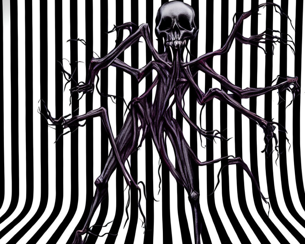 Skull illustration with dark tendrils on striped background