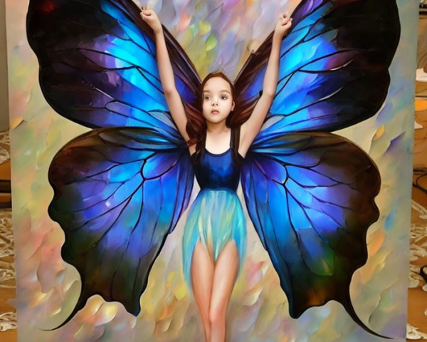 Young girl mimics butterfly wings in front of large painting