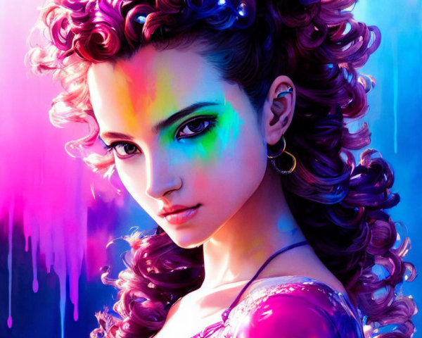 Colorful Digital Portrait of Woman with Curly Hair and Glowing Earring