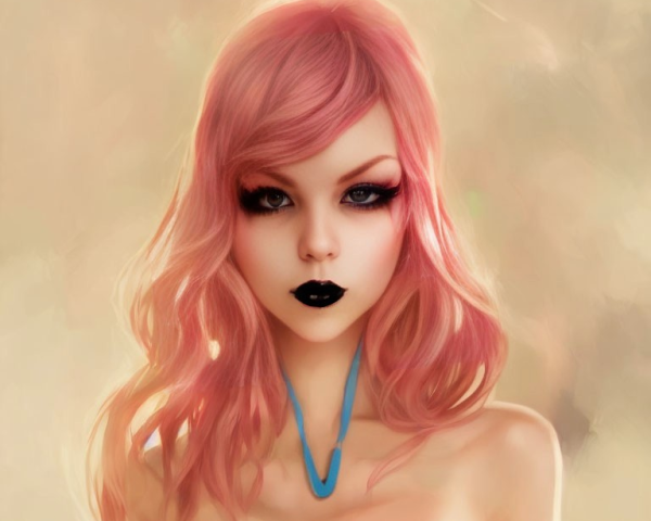 Stylized digital artwork of woman with pink hair and dark makeup