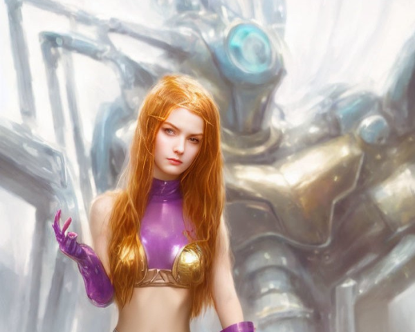 Digital artwork: Woman with red hair in futuristic armor on mechanical backdrop