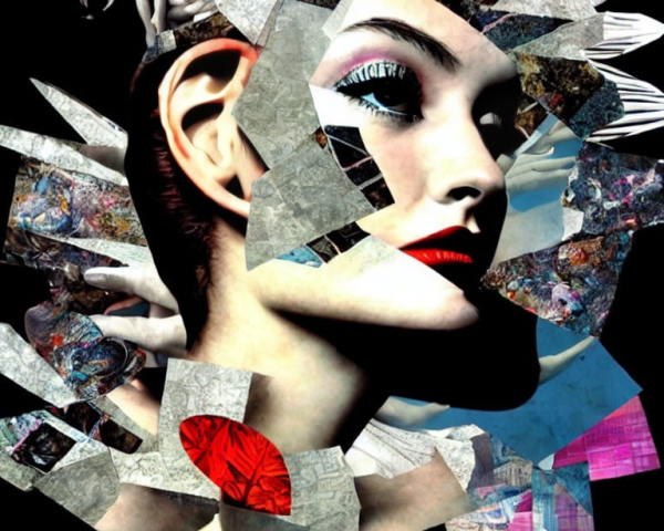 Abstract Geometric Collage with Female Face Fragment and Dark Color Palette