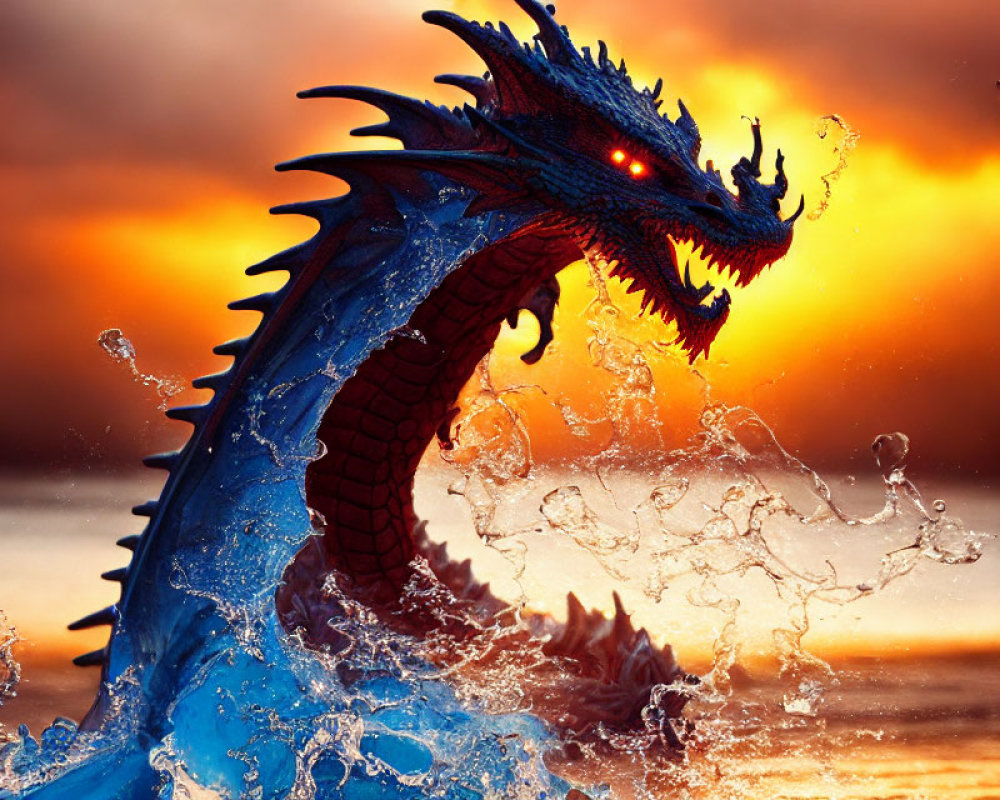 Blue Dragon Emerges from Water Against Fiery Sunset Sky