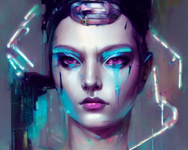 Female cyborg digital art with purple eyes and futuristic headgear