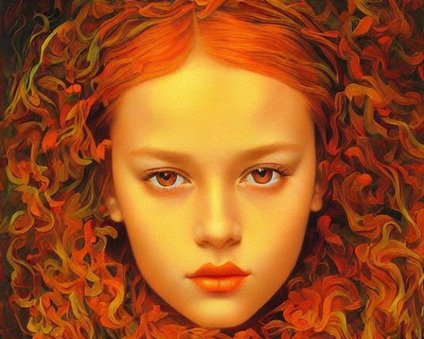 Detailed digital artwork: Girl with fiery orange hair and swirling curls