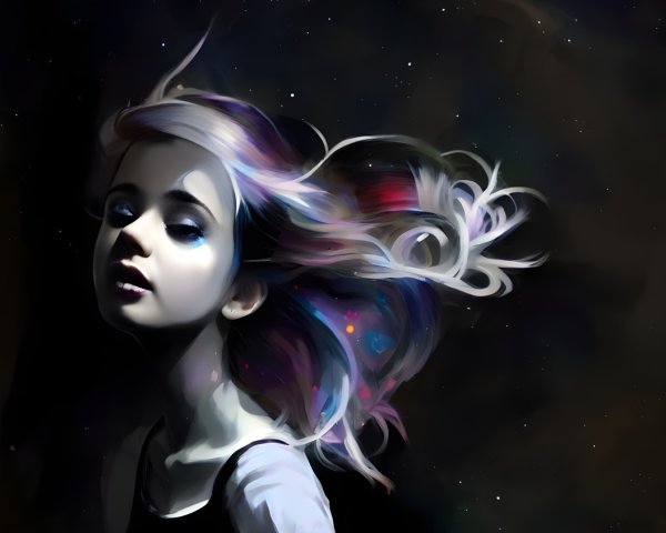 Digital Painting: Girl with Flowing Hair in Cosmic Fantasy Scene