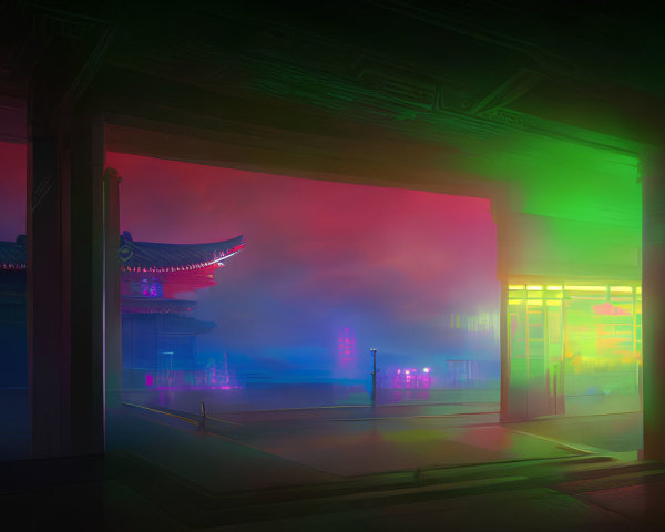 Neon-lit traditional Asian architecture scene with colorful lights