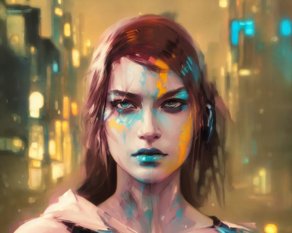 Digital painting of woman with blue features in cityscape.