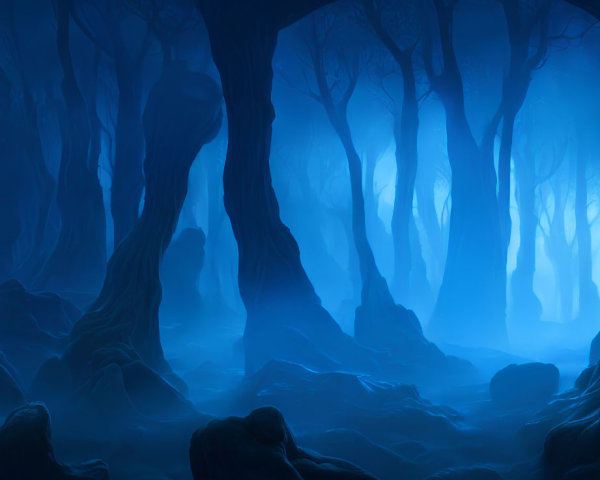 Mystical Blue Forest with Twisted Trees and Mist