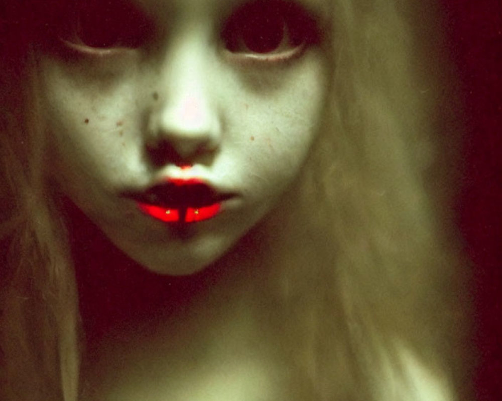 Eerie doll-like figure with red lips and piercing eyes in dark setting