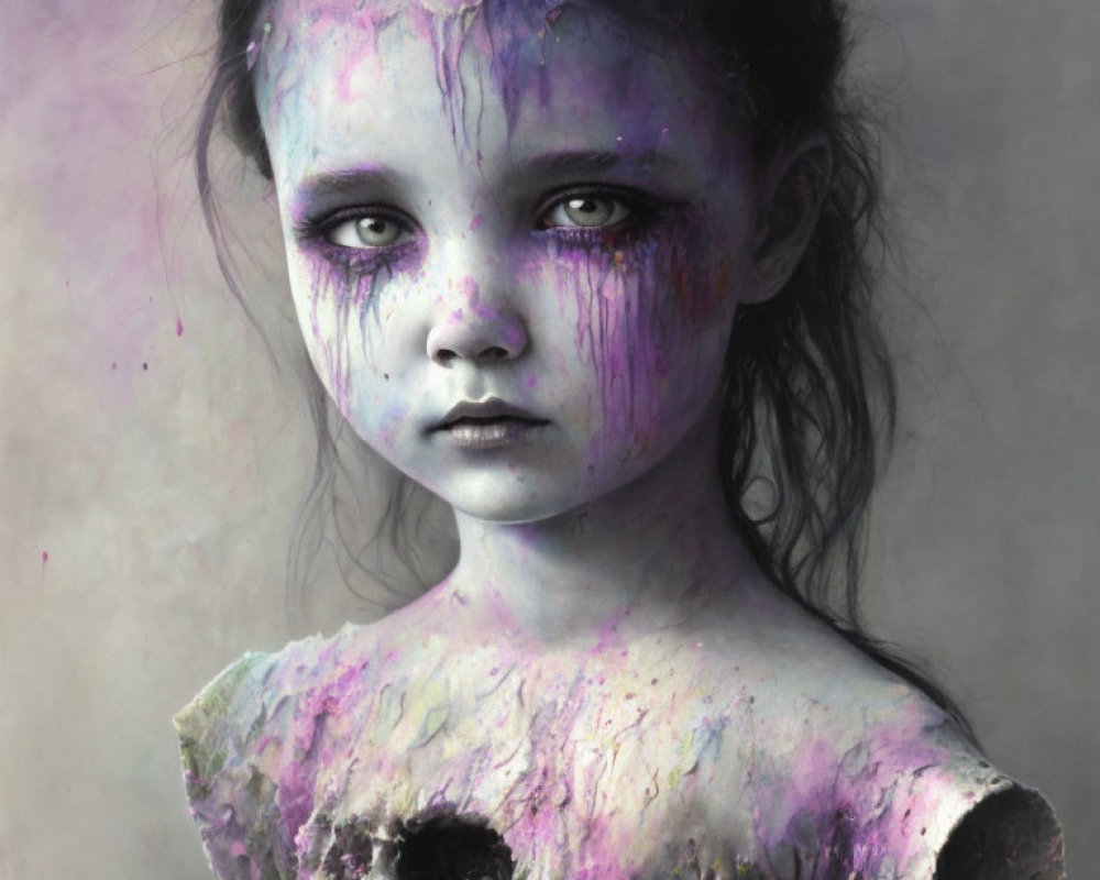 Young Girl Portrait with Haunting Eyes and Paint Splatters in Purple and Pink