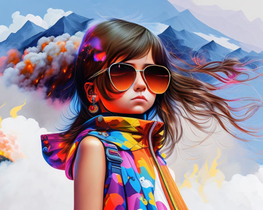 Child with flowing hair and sunglasses in surreal mountain scene