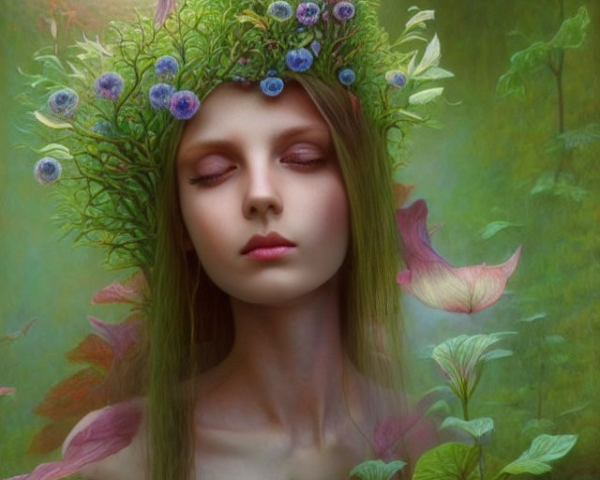 Woman with closed eyes and floral crown in mystical forest setting