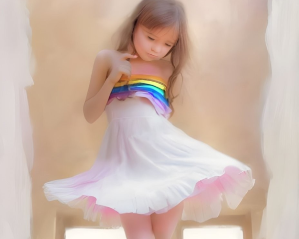 Young girl in white dress with pastel rainbow colors in ethereal setting