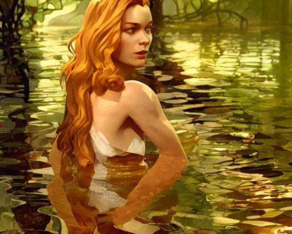 Woman with Long Wavy Hair Standing in Water Surrounded by Greenery