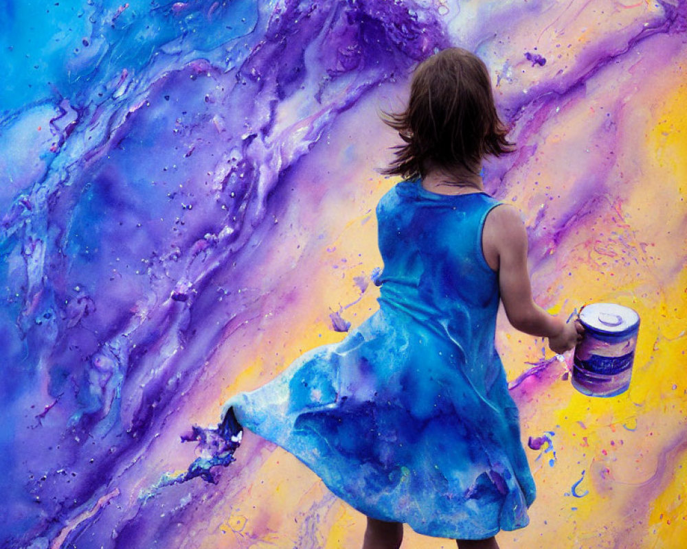 Girl in Blue Dress Swirling Paint Can over Abstract Purple and Yellow Background