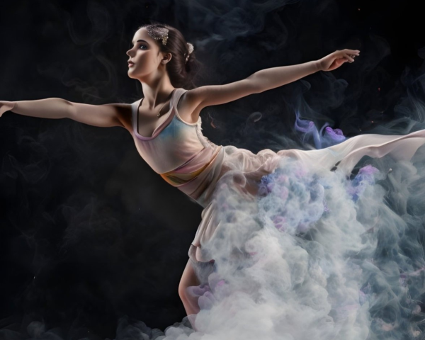 Ballet dancer in flowy skirt surrounded by swirling mist