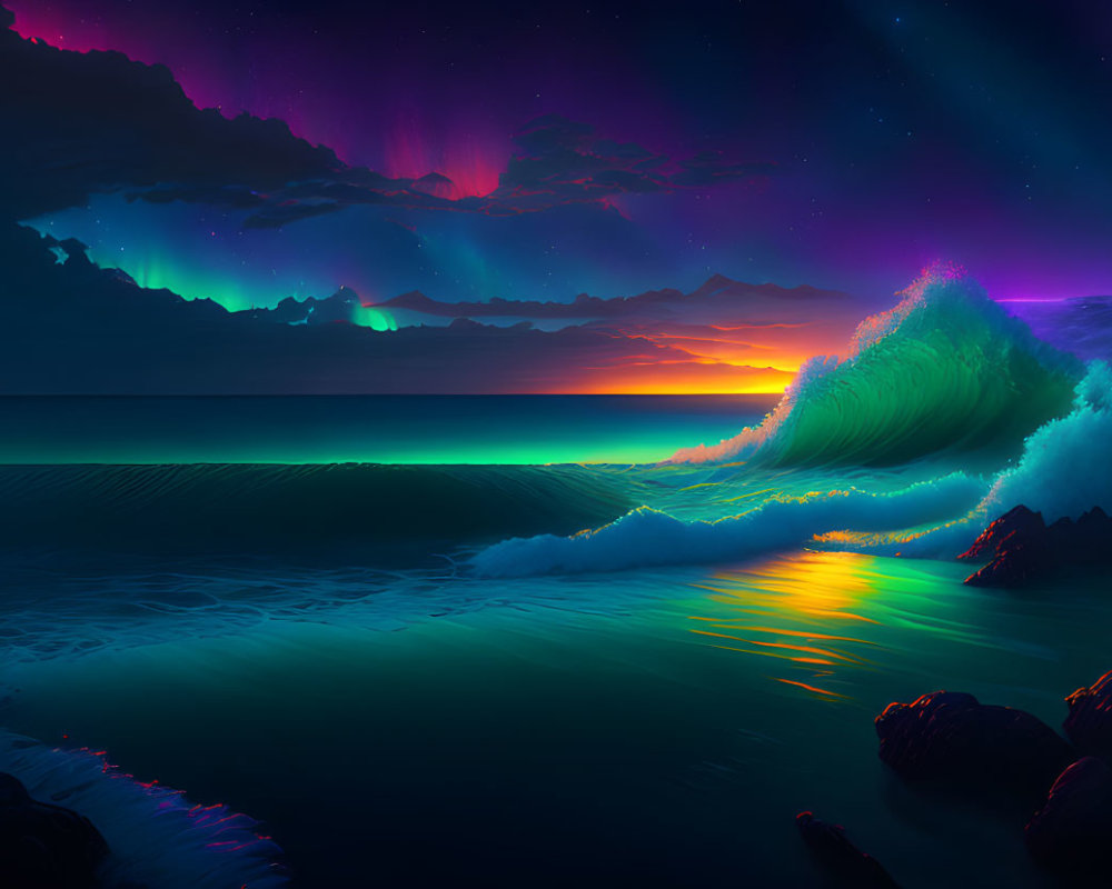 Vibrant ocean wave under luminous aurora at sunset