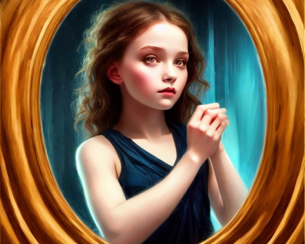 Young girl in blue dress with curly hair in oval frame gazes thoughtfully.