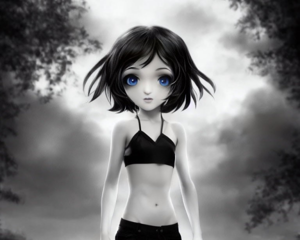 Character with Large Blue Eyes and Short Black Hair in Moody Sky Setting