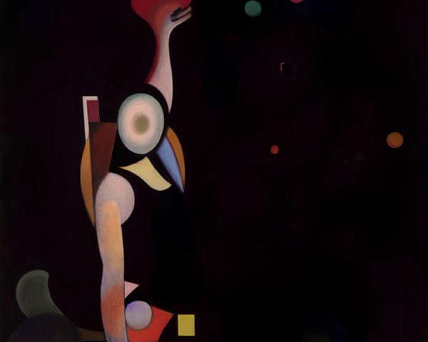 Colorful Abstract Painting: Humanoid Figure in Dark Space