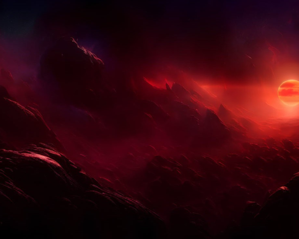 Digital art landscape: Jagged rocks under red sky