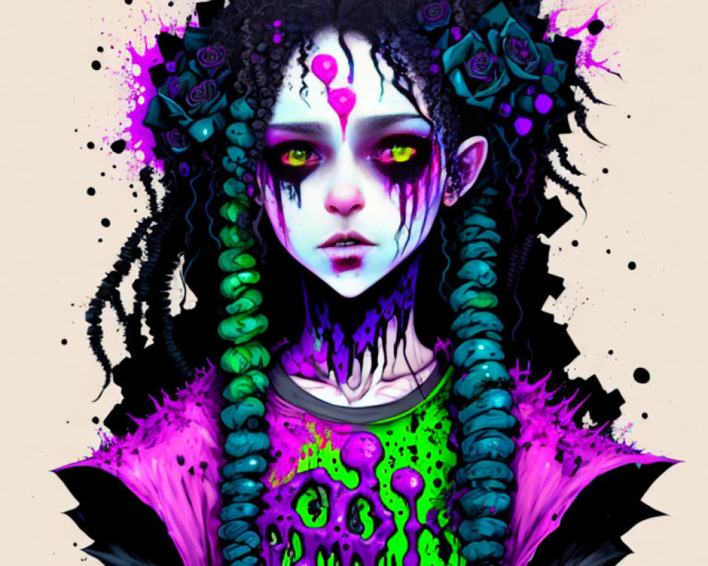 Gothic character with green braided hair, purple skin, yellow eyes, and neon green details