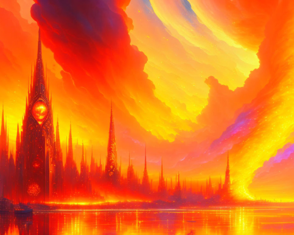 Vibrant fantasy landscape with glowing sky and sharp spired structures