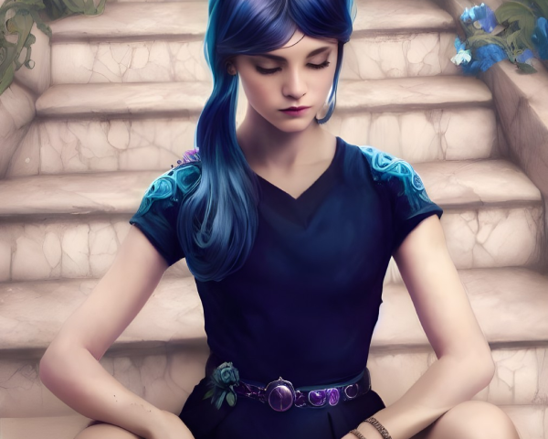 Digital Artwork: Woman with Blue Hair in Dark Dress on Stairs with Blue Flowers