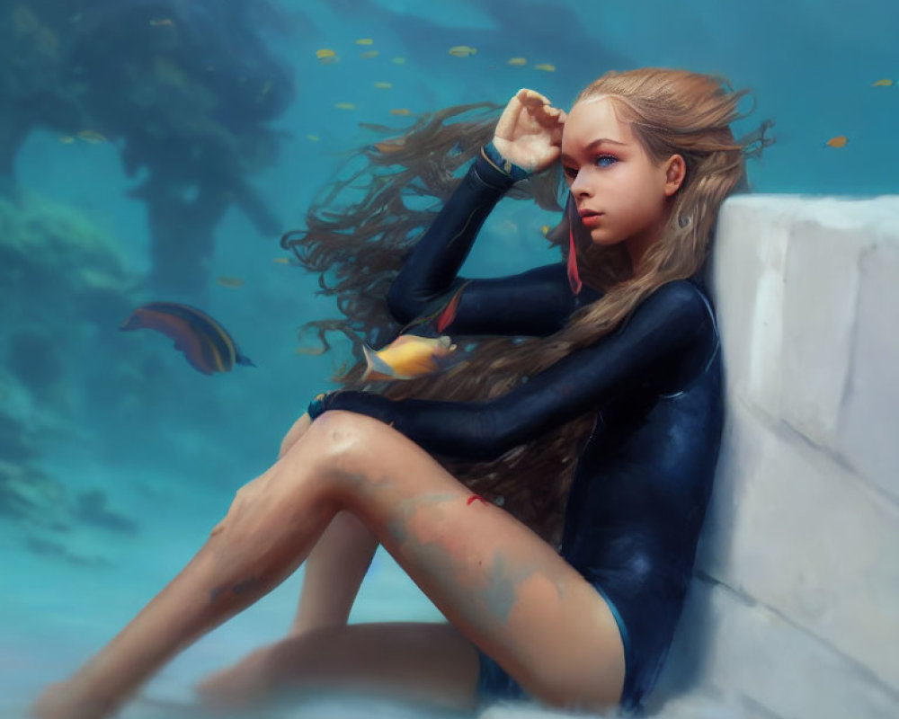 Woman in wetsuit sitting on underwater steps with fish in blue ocean