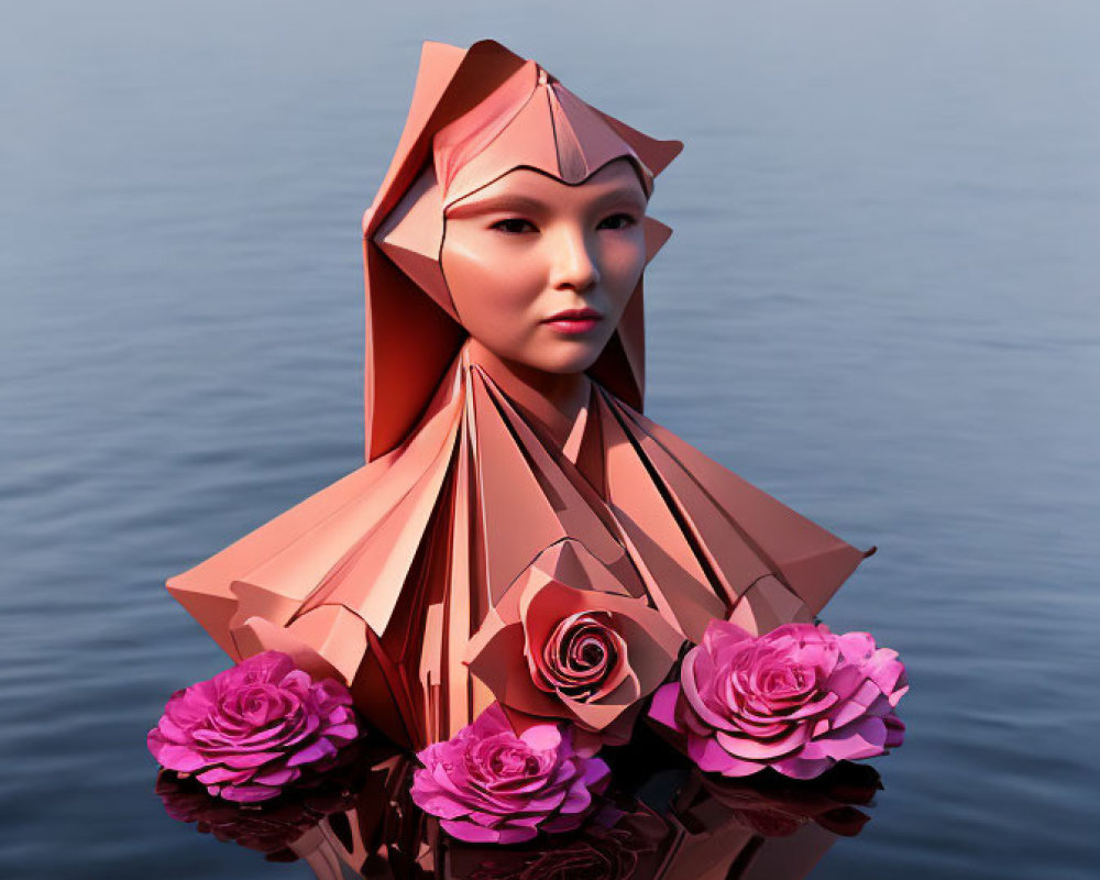 Geometric humanoid figure with origami features among pink roses on reflective water