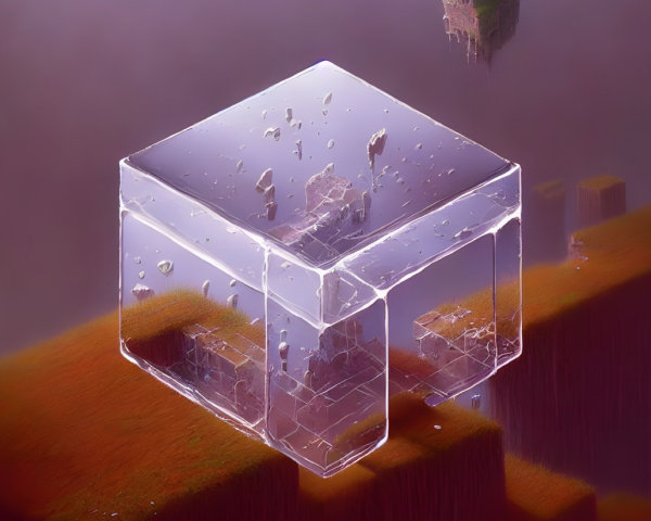 Glass Cube with Floating Islands on Pink and Purple Background