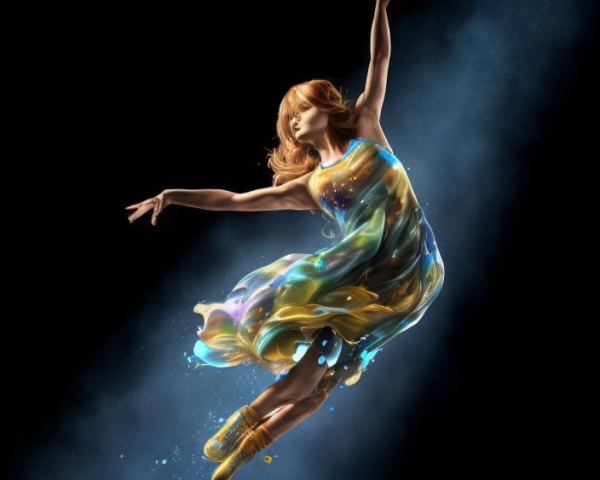 Colorful flowing dress dancer in mid-air against dark background