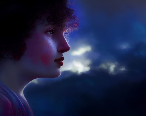 Profile of Person with Curly Hair Against Dark Cloudy Sky