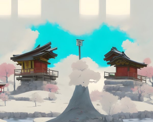 Traditional East Asian-style pavilions on rocky outcrops in snowy landscape with cherry blossoms.