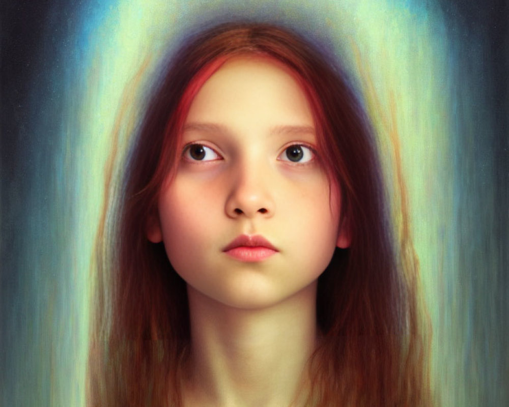 Young Girl with Long Red Hair and Ethereal Multicolored Light